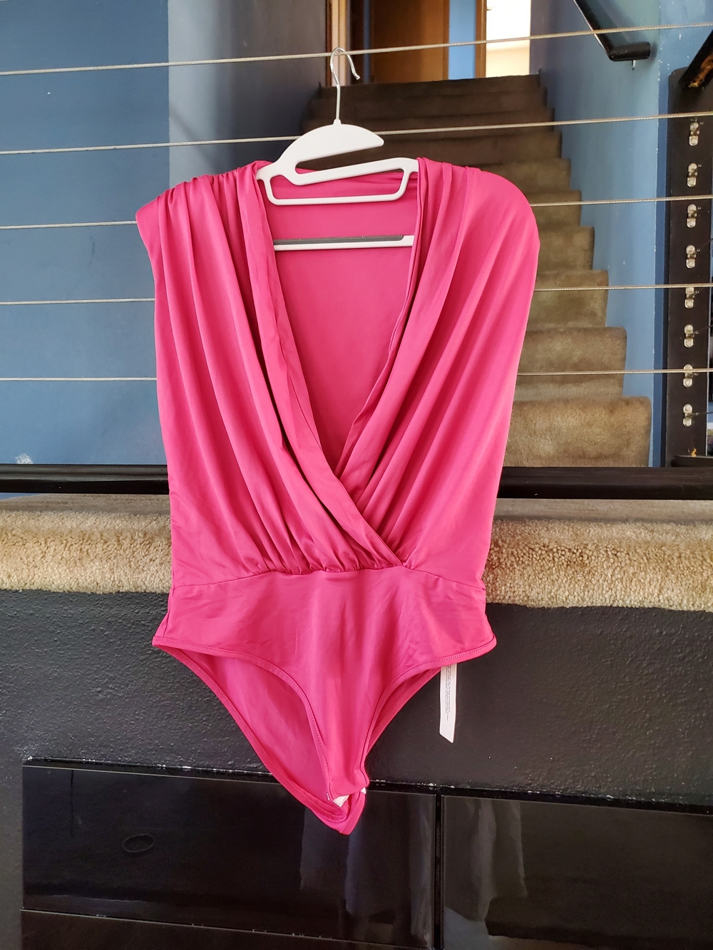 Sleeveless Deep V Draped Bodysuit in Bright Pink